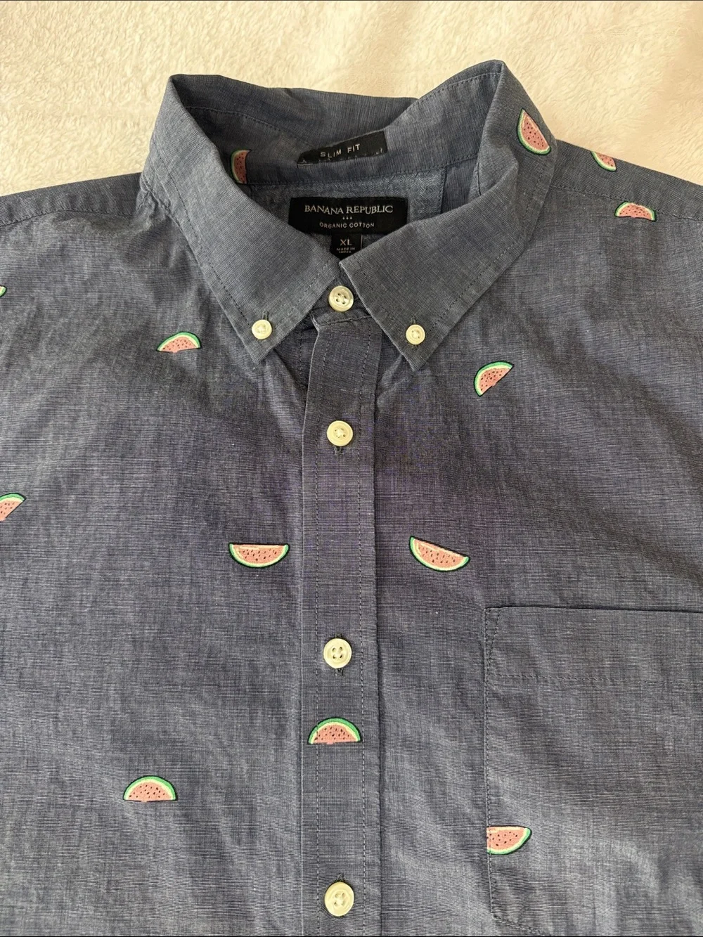 🍉Banana Republic Blue Short-Sleeve Button-Down Shirt with Watermelon Print